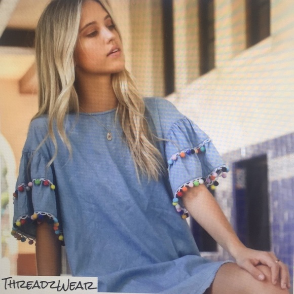 LAST ONE NEW Medium Chambray PomPom Tunic Dress - Picture 4 of 6